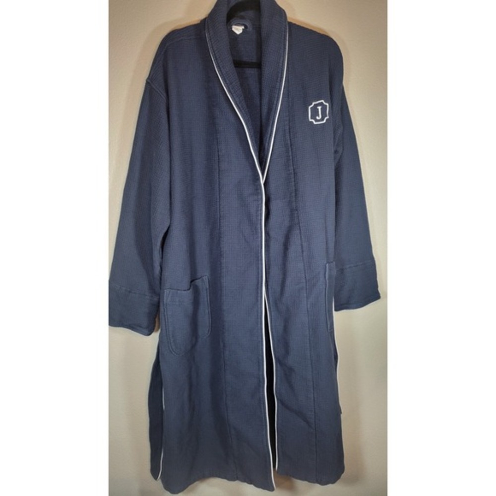 Pottery Barn Waffle Knit Terry Lined‎ Bath Robe Monogram J Navy Blue